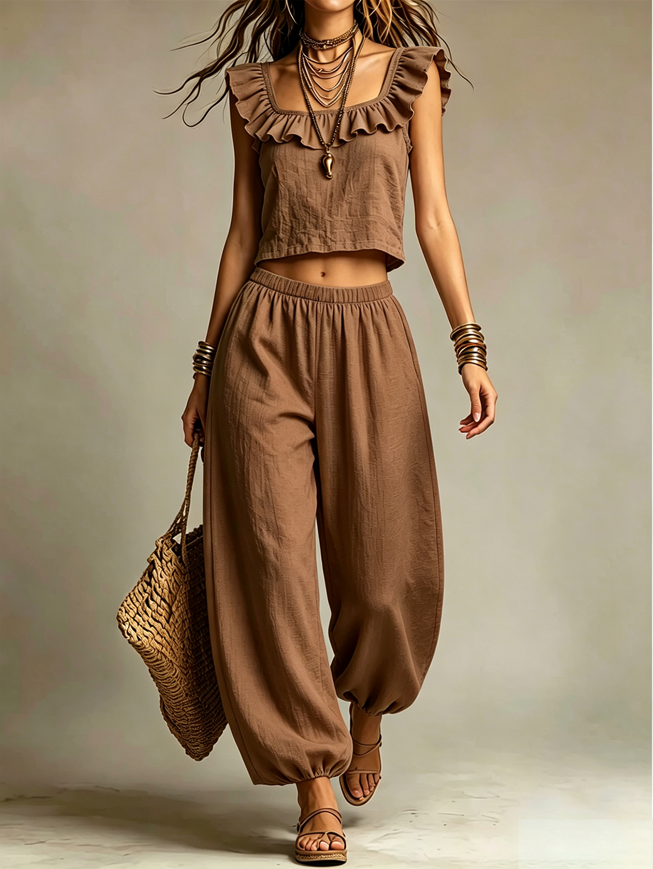 Linen Blend Ruffle Sleeveless Crop Top & Relaxed Harem Pants 2-Piece Set