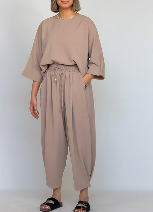 Relaxed Oversized Matching Set, Boat Neck Top & Drawstring Harem Pants