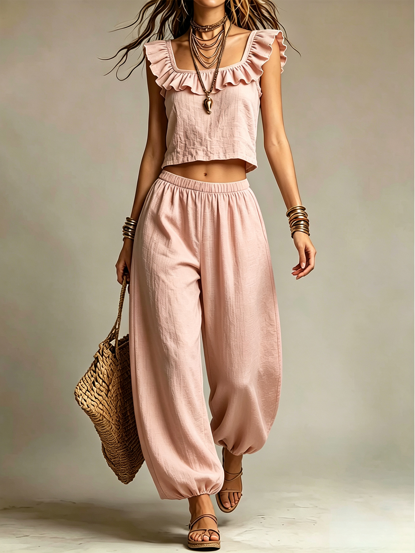 Linen Blend Ruffle Sleeveless Crop Top & Relaxed Harem Pants 2-Piece Set