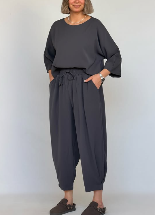 Relaxed Oversized Matching Set, Boat Neck Top & Drawstring Harem Pants