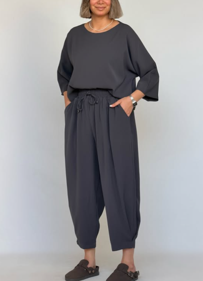 Relaxed Oversized Matching Set, Boat Neck Top & Drawstring Harem Pants