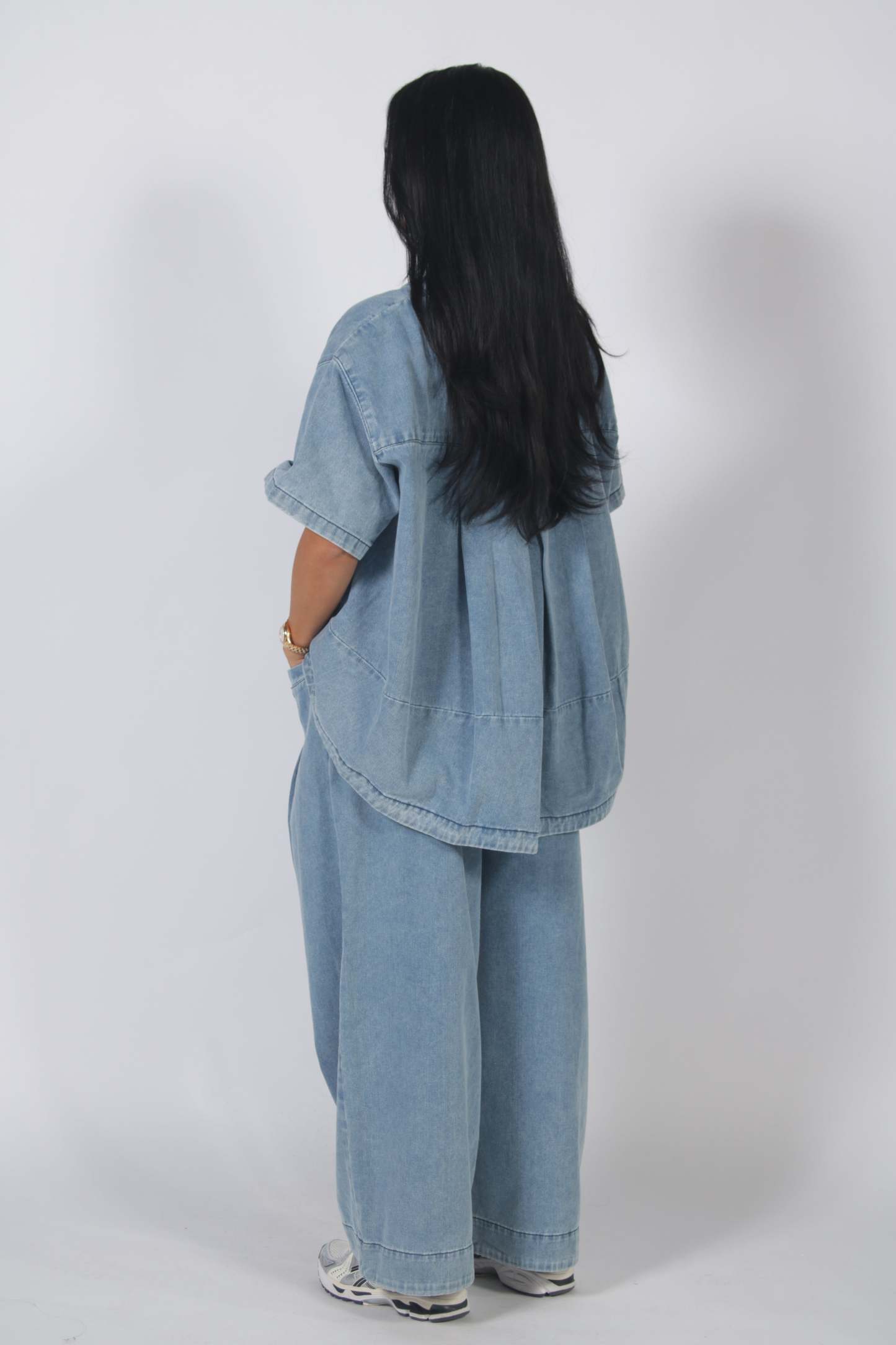 Oversized Short Sleeve Denim Top & Wide Leg Pants Set