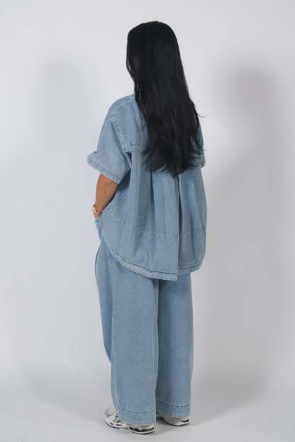 Oversized Short Sleeve Denim Top & Wide Leg Pants Set