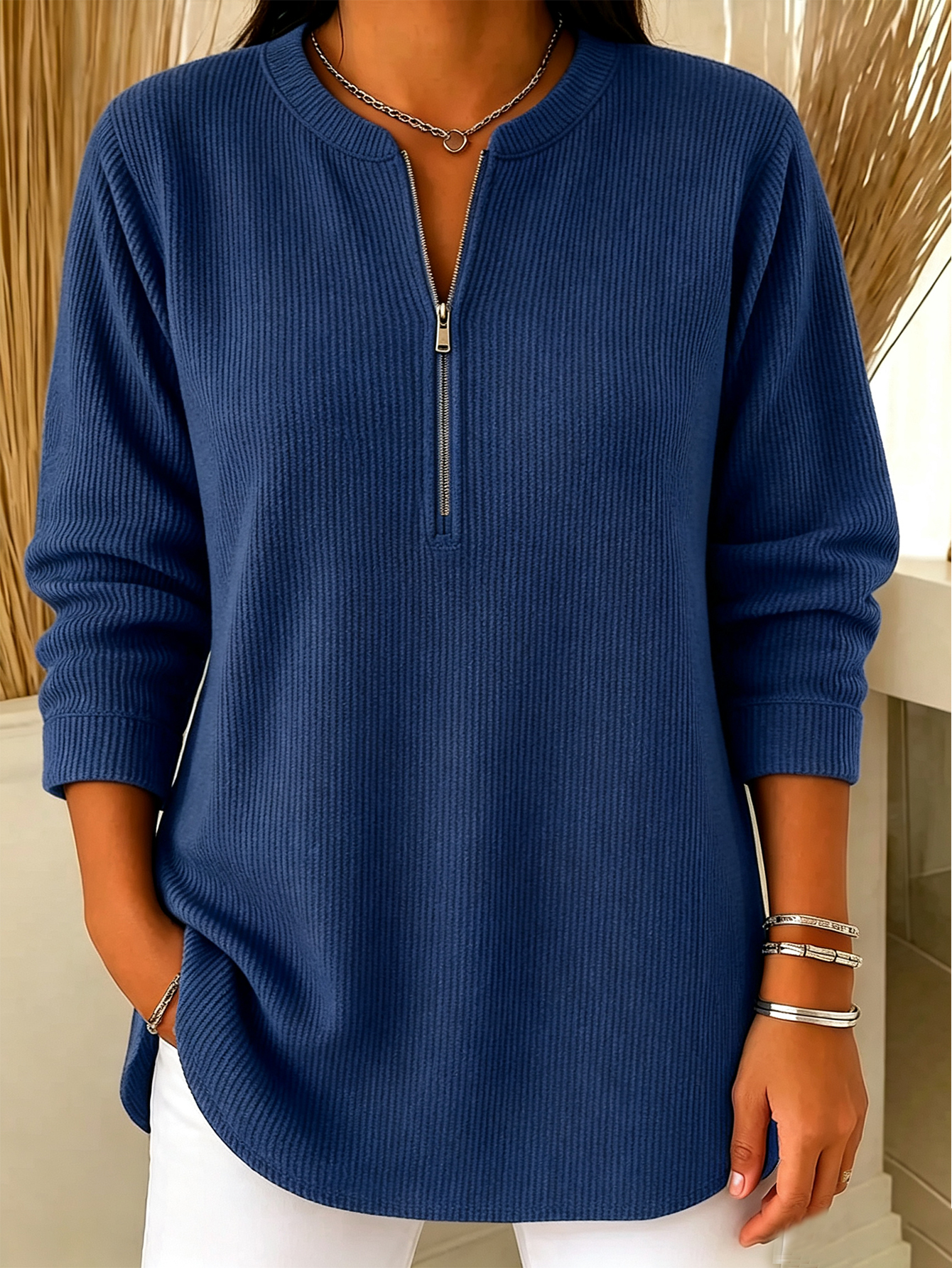 💙 Women’s Casual Knit Half Zip Top Round Neck Long Sleeve Loose Sweater Blouse(📦Buy 2 Free Shipping & 10% OFF)