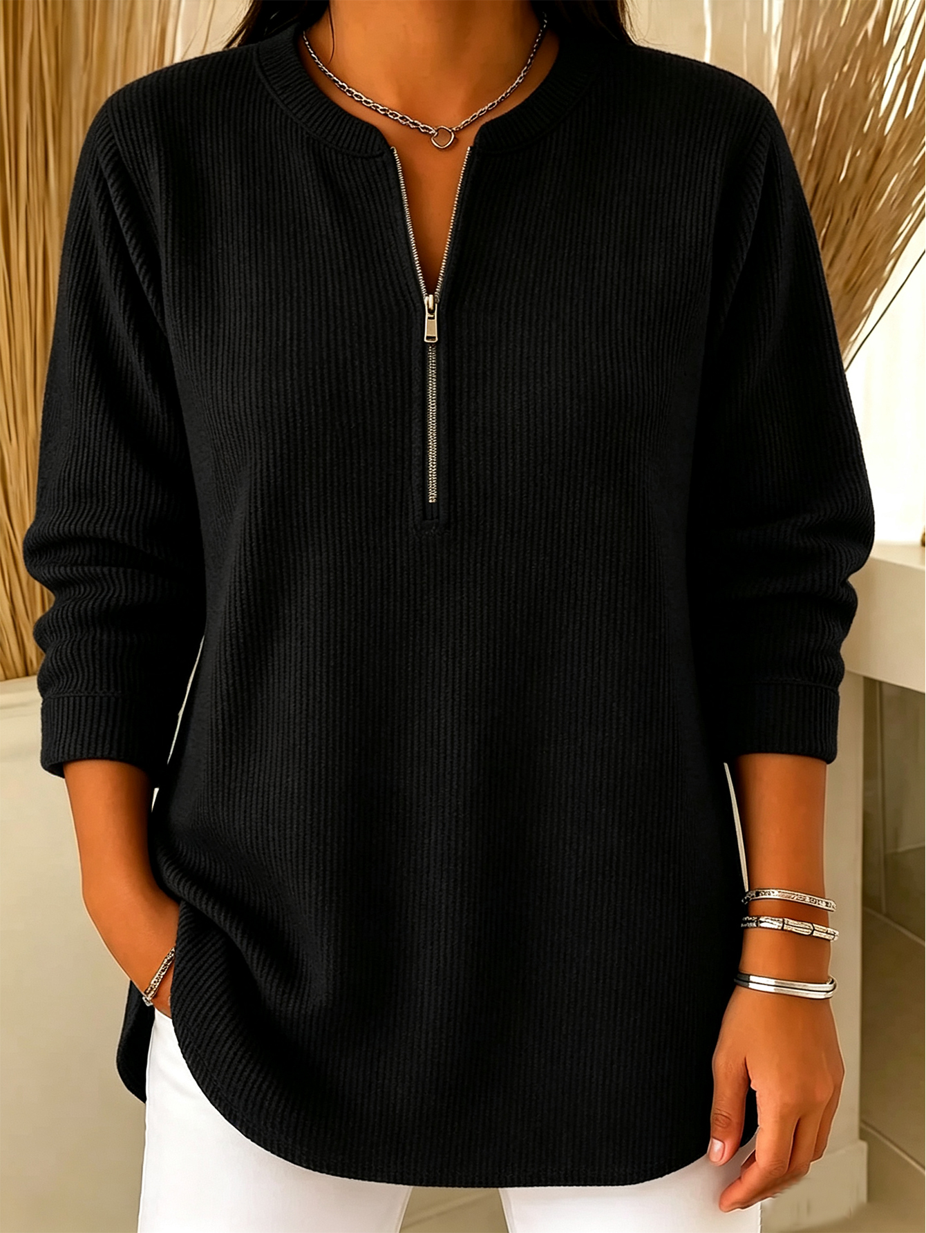 💙 Women’s Casual Knit Half Zip Top Round Neck Long Sleeve Loose Sweater Blouse(📦Buy 2 Free Shipping & 10% OFF)