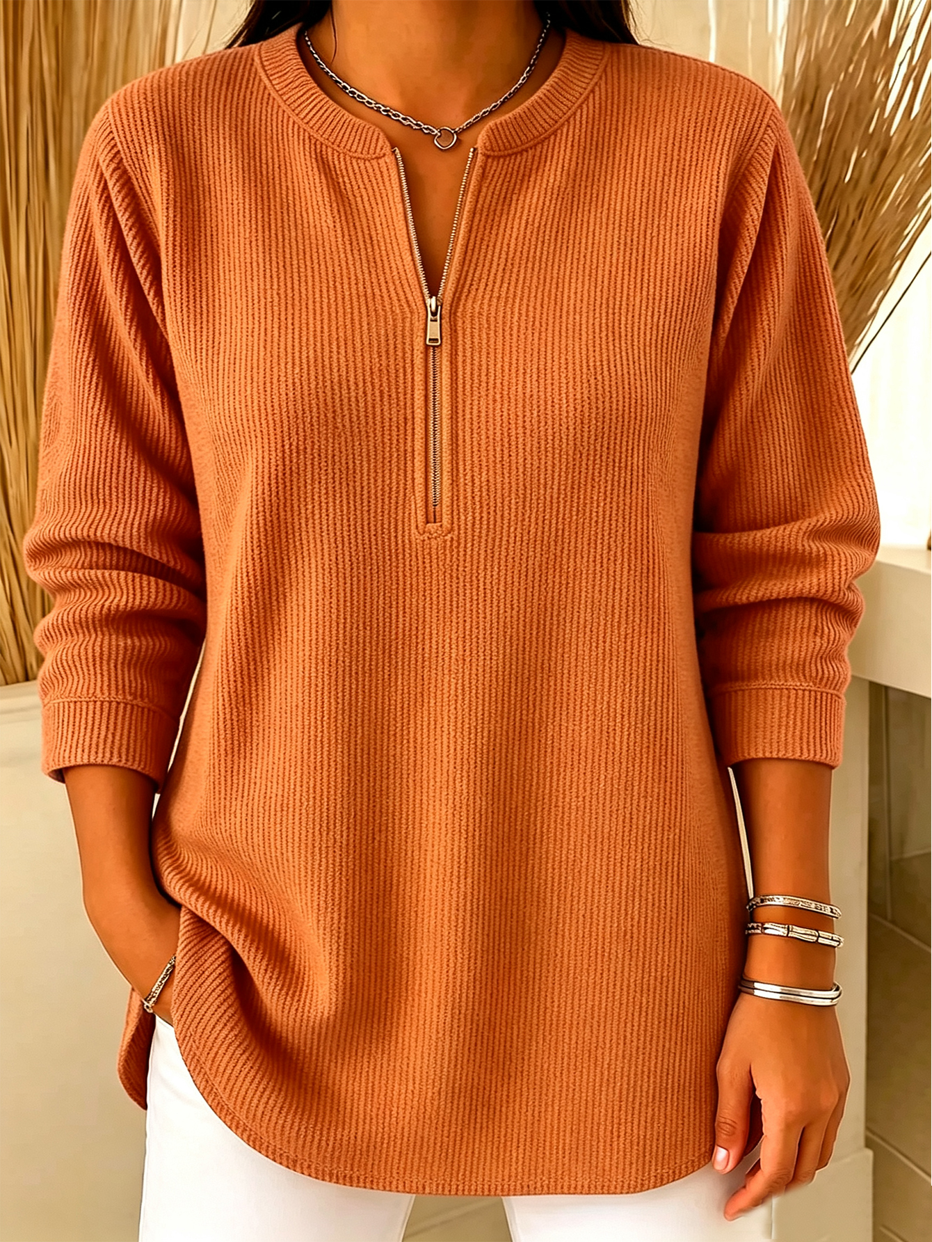 💙 Women’s Casual Knit Half Zip Top Round Neck Long Sleeve Loose Sweater Blouse(📦Buy 2 Free Shipping & 10% OFF)