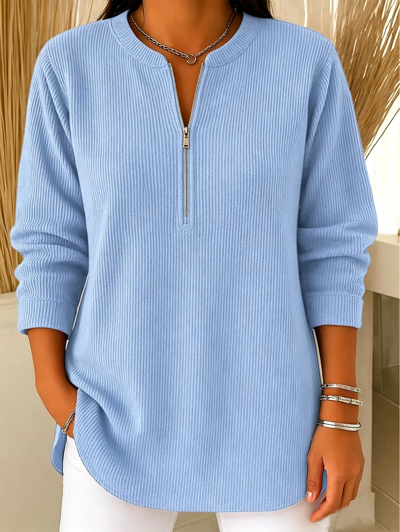 💙 Women’s Casual Knit Half Zip Top Round Neck Long Sleeve Loose Sweater Blouse(📦Buy 2 Free Shipping & 10% OFF)