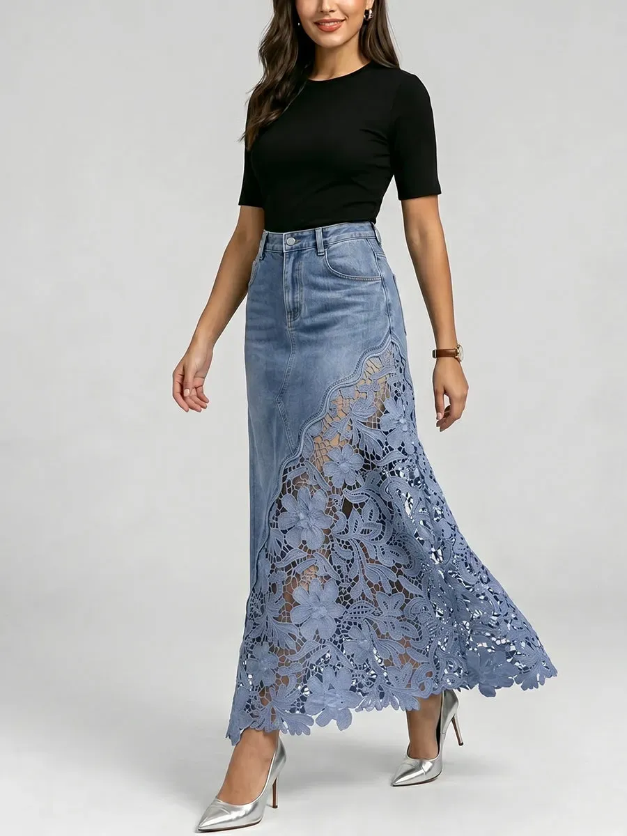 Stylish & Sexy ❤️‍🔥 Lace-paneled Cutout Denim Skirtv