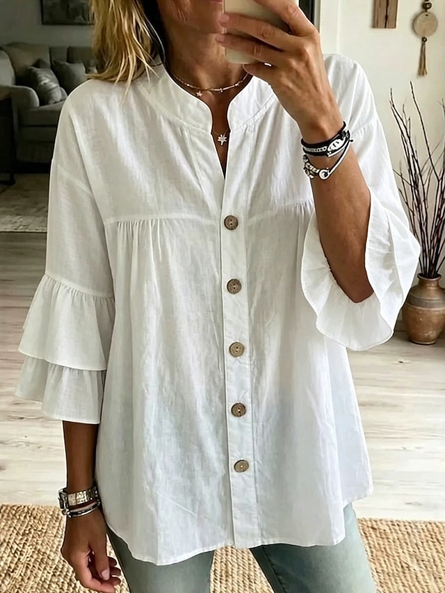 Women's Blouse Ruffle Plain Stylish Casual Sleeveless Stand Collar Regular Tops Casual Daily White Yellow Pink Green Summer Spring
