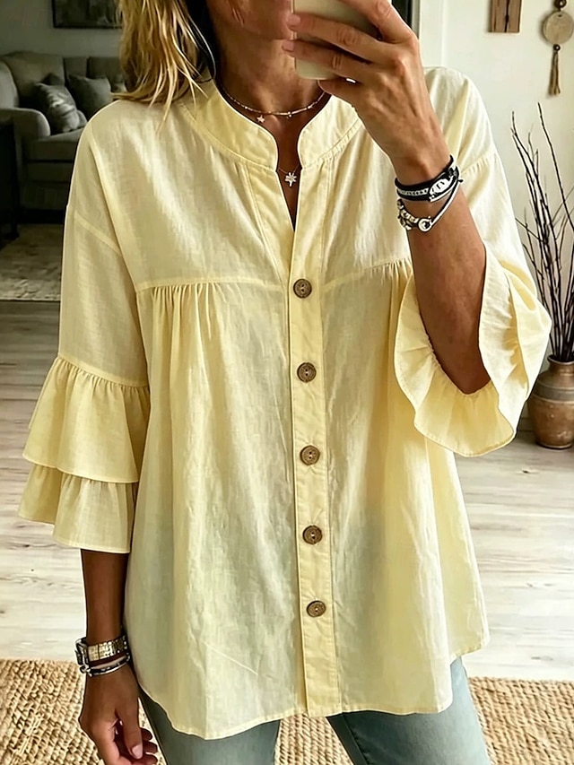 Women's Blouse Ruffle Plain Stylish Casual Sleeveless Stand Collar Regular Tops Casual Daily White Yellow Pink Green Summer Spring