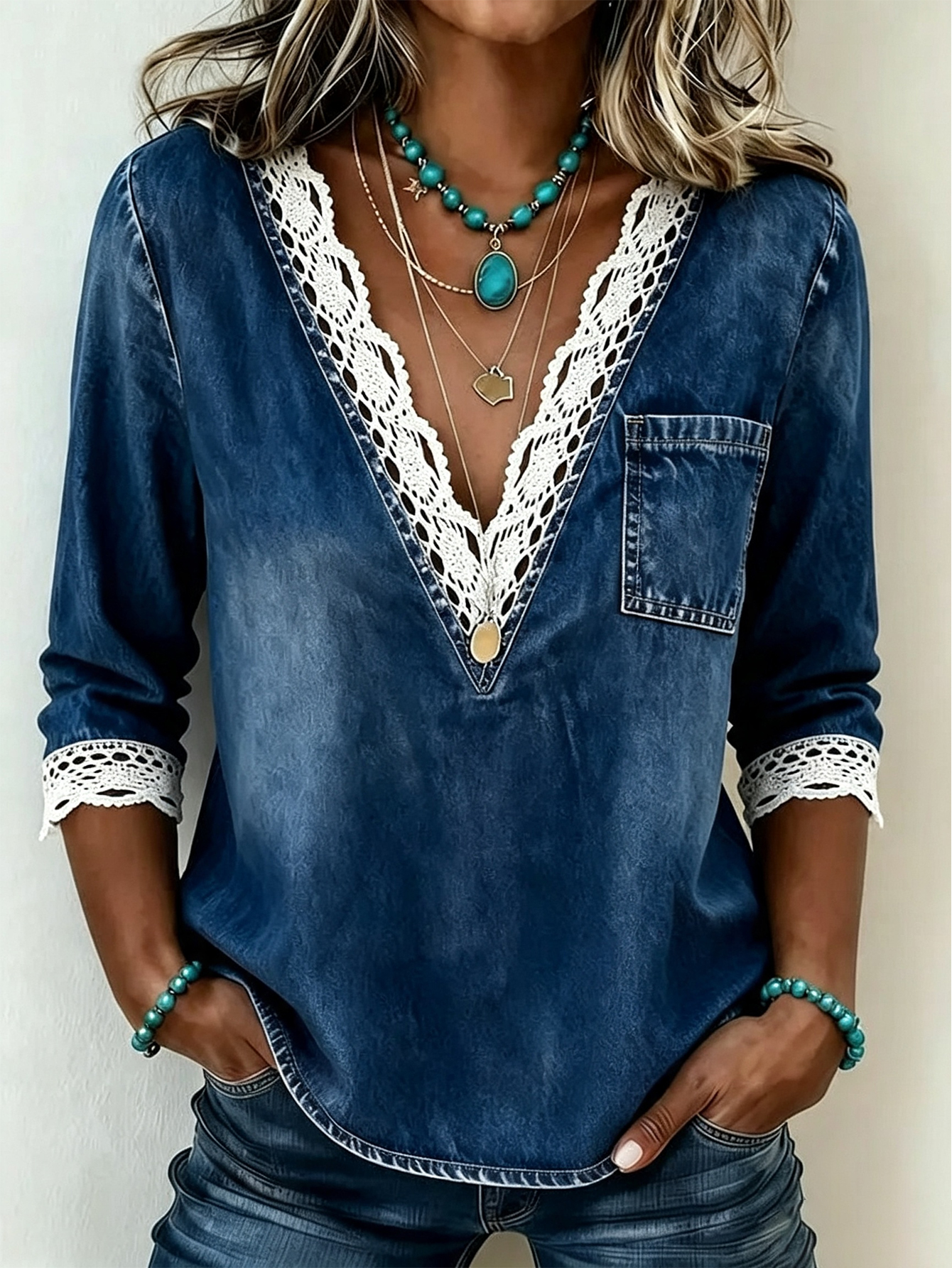 Women'S Casual V-Neck Lace Patch Denim Shirt