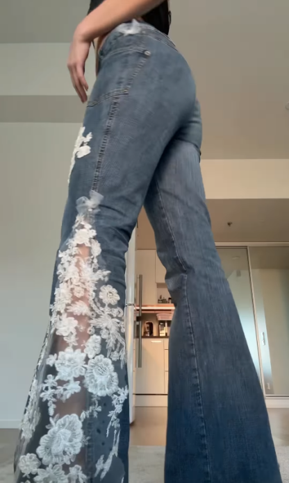Women’s Lace Panel Denim Jeans Floral Cutout Flare Pants Stylish Casual Trousers