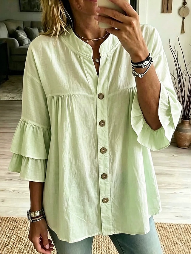 Women's Blouse Ruffle Plain Stylish Casual Sleeveless Stand Collar Regular Tops Casual Daily White Yellow Pink Green Summer Spring
