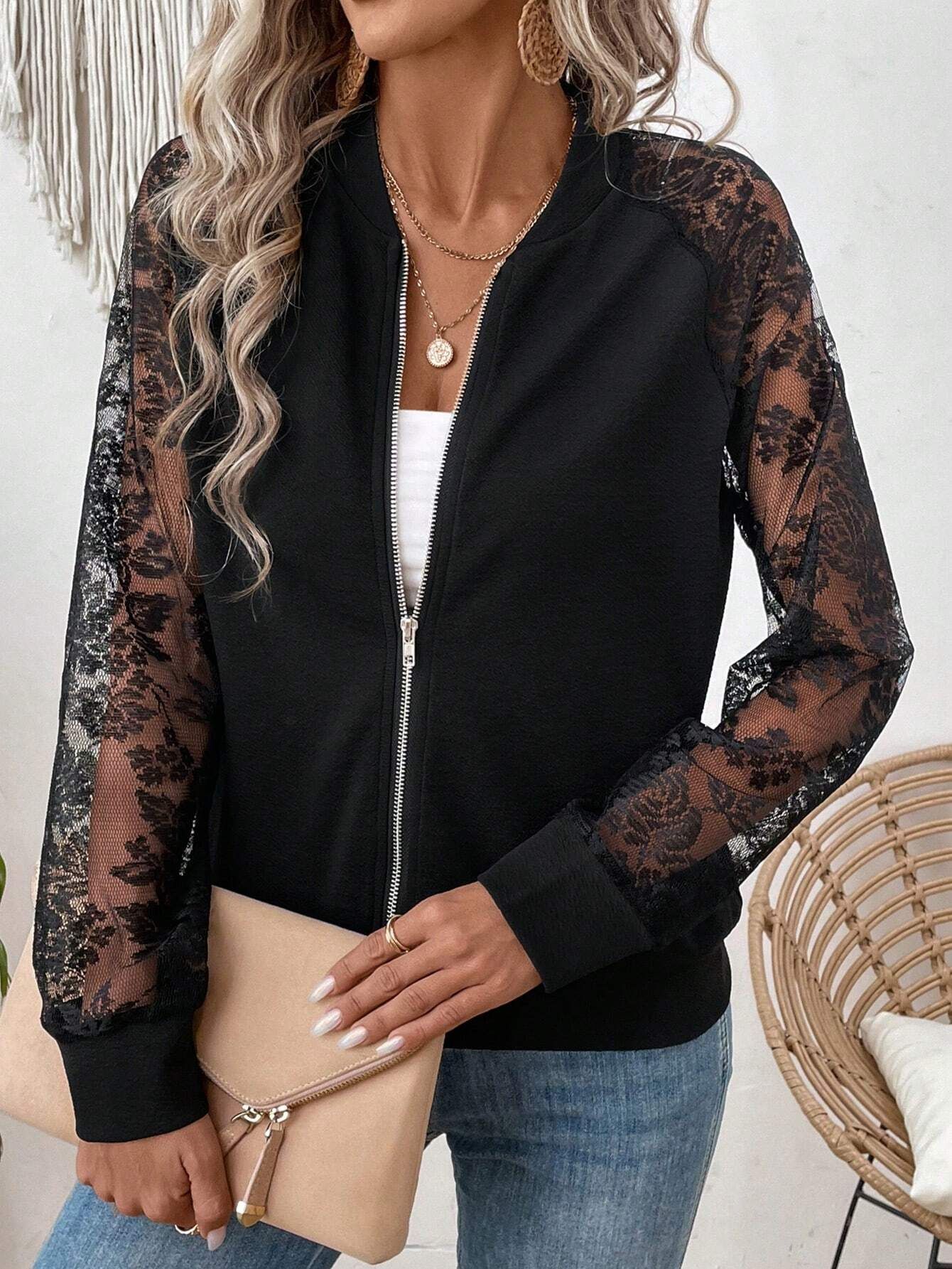 Floral Lace Raglan Sleeve Zip Up Bomber Jacket