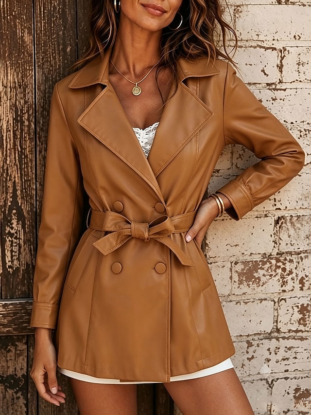 Women's Faux Leather Trench Coat Brown Belted Lapel Jacket