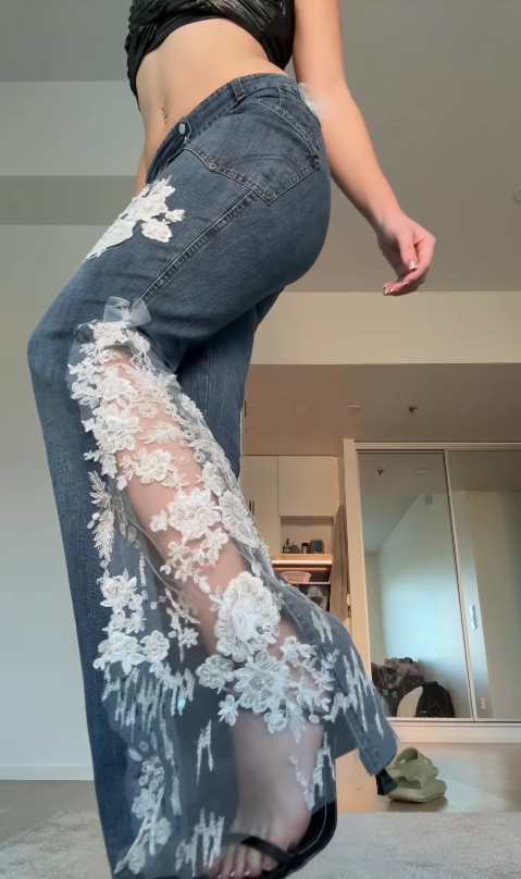 Women’s Lace Panel Denim Jeans Floral Cutout Flare Pants Stylish Casual Trousers