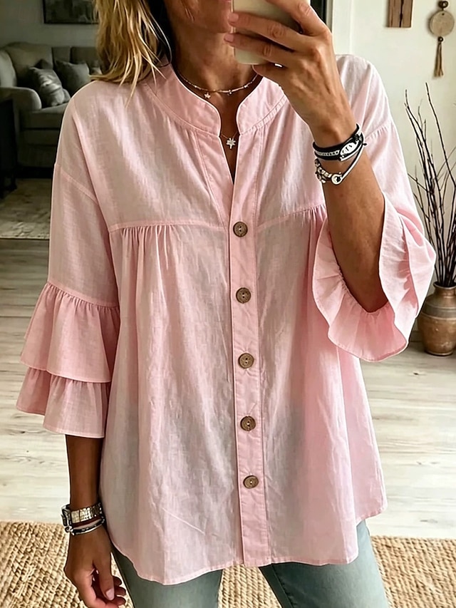 Women's Blouse Ruffle Plain Stylish Casual Sleeveless Stand Collar Regular Tops Casual Daily White Yellow Pink Green Summer Spring