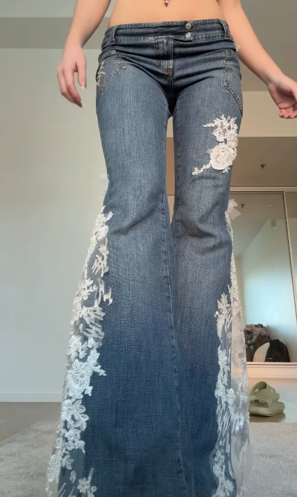 Women’s Lace Panel Denim Jeans Floral Cutout Flare Pants Stylish Casual Trousers