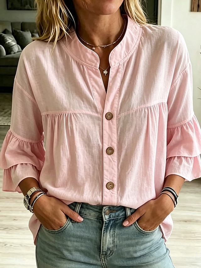 Women's Blouse Ruffle Plain Stylish Casual Sleeveless Stand Collar Regular Tops Casual Daily White Yellow Pink Green Summer Spring