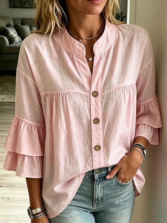 Women's Blouse Ruffle Plain Stylish Casual Sleeveless Stand Collar Regular Tops Casual Daily White Yellow Pink Green Summer Spring