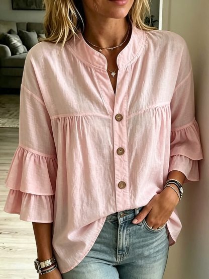 Women's Blouse Ruffle Plain Stylish Casual Sleeveless Stand Collar Regular Tops Casual Daily White Yellow Pink Green Summer Spring