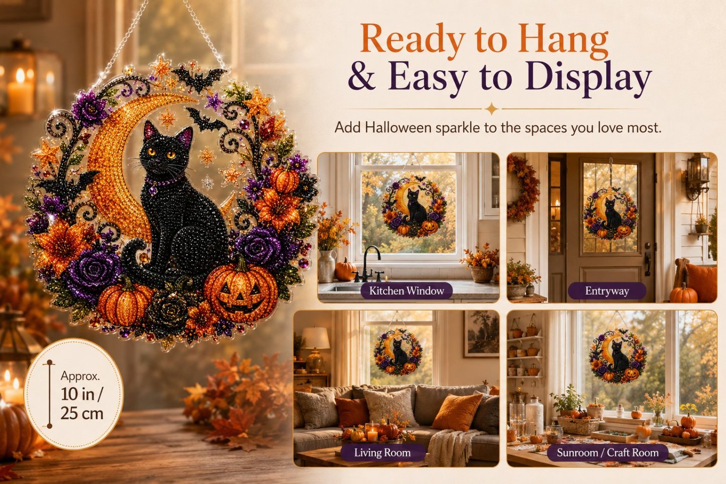 Black Cat Moon Diamond Art Hanging Ornament Kit – Relaxing DIY Halloween Craft 🎃💎