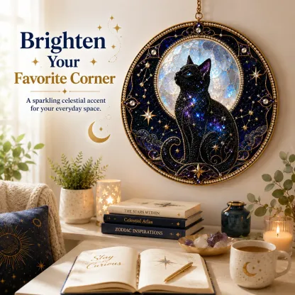 🌙🐈‍⬛ BEST SELLING – ✨ 3D Acrylic Lunar Cat Window Pendant | Bohemian Celestial Home Accent DIY with Decorative Beads