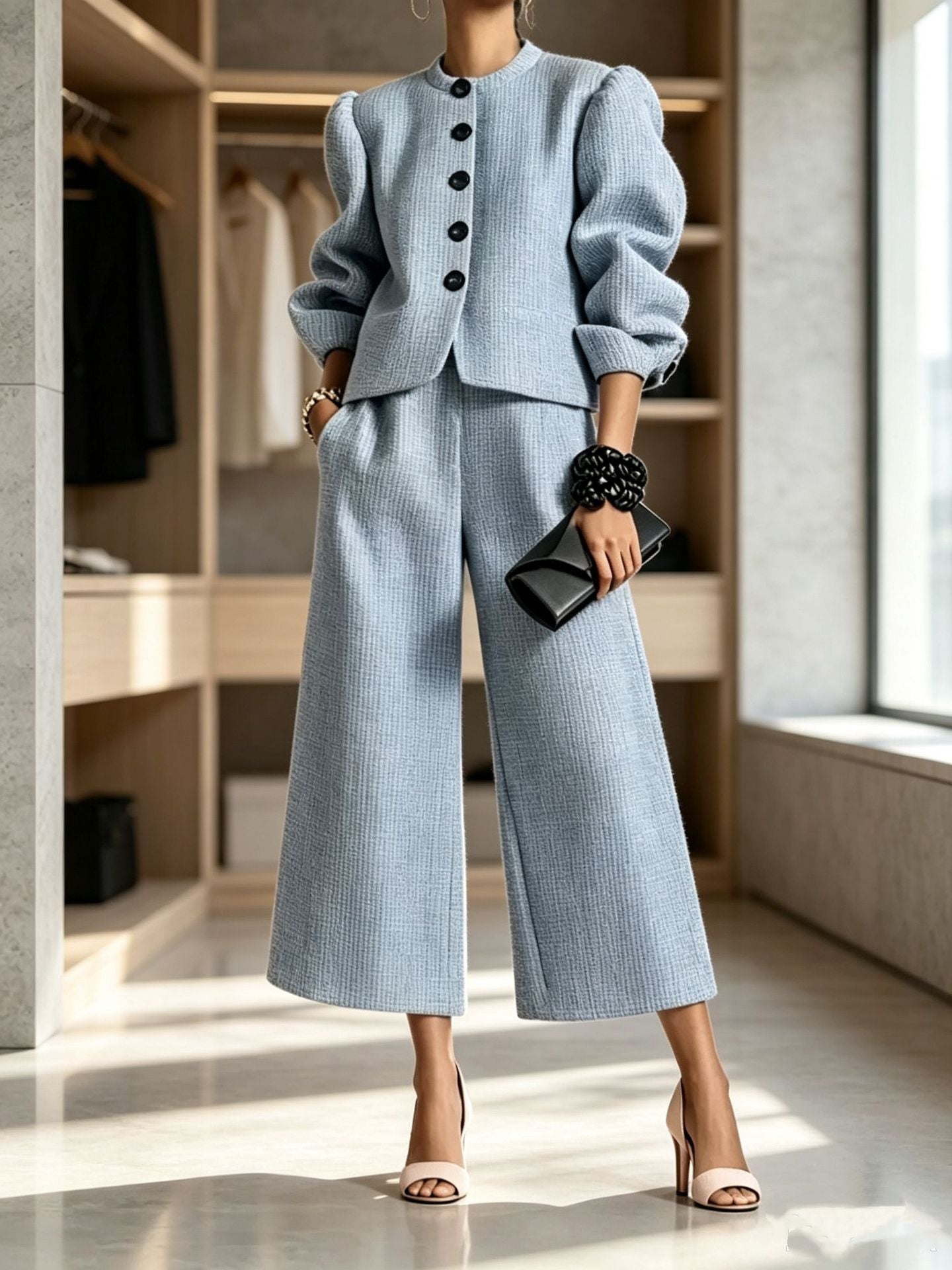 Sky blue textured two-piece set showing a shaped button-front jacket and cropped wide-leg trousers with side pockets