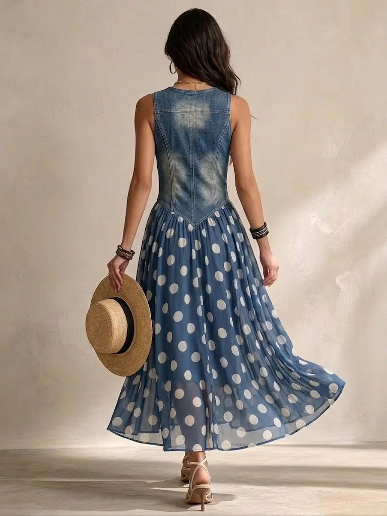 New Arrival - Denim Dress With Polka Dot Chiffon Skirt