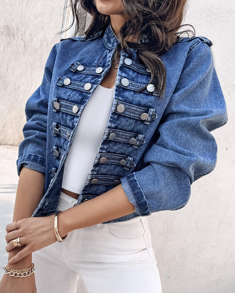NEW FASHION 🤩🔥- Women's Napoleon Denim Jacket Long Sleeve Jeans Jacket | Stand Collar,  Lightweight Fall Coat, Work Daily Wear