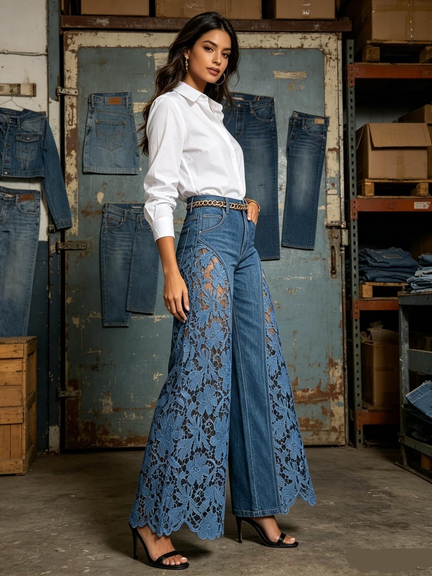 Summer Hollow Out Jeans 💗 Women Elegant High Waist Wide Leg Bottoms