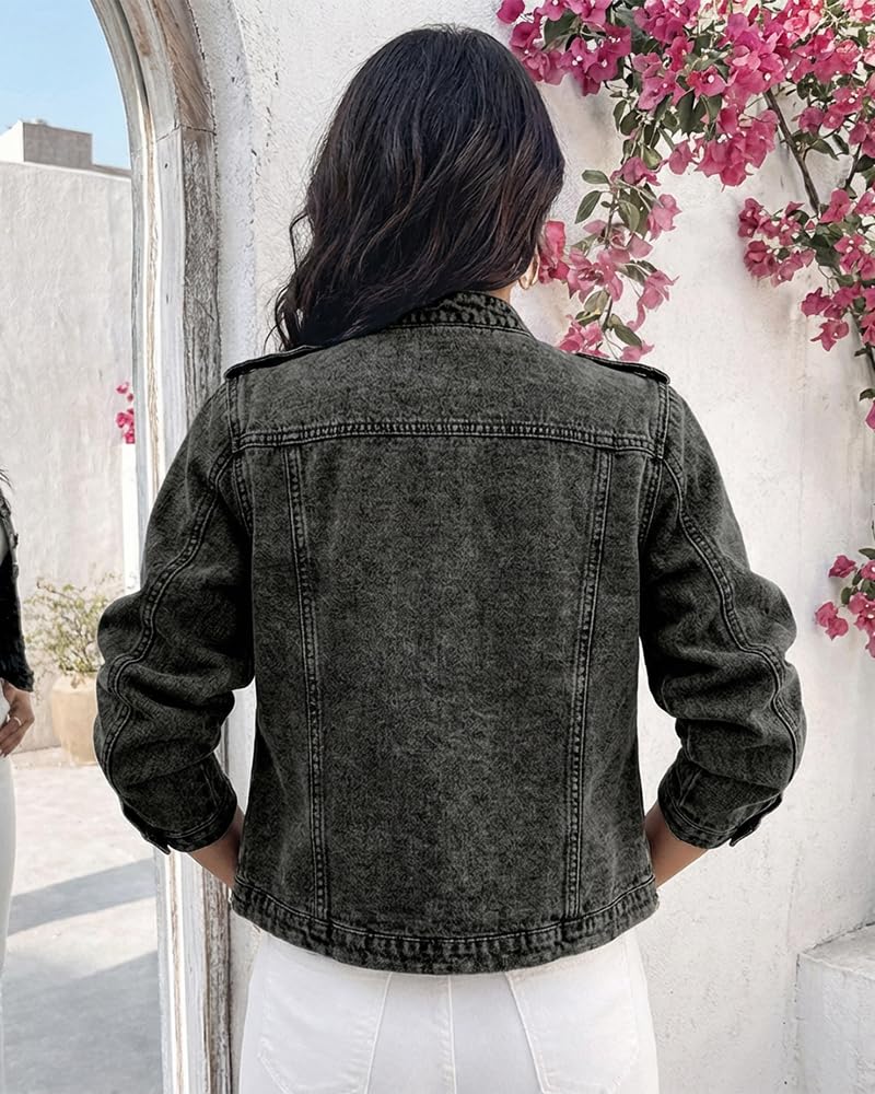 NEW FASHION 🤩🔥- Women's Napoleon Denim Jacket Long Sleeve Jeans Jacket | Stand Collar,  Lightweight Fall Coat, Work Daily Wear
