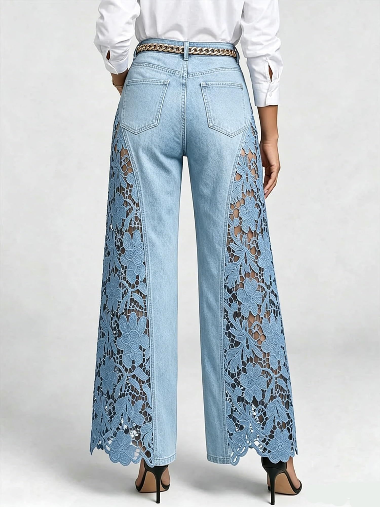 Summer Hollow Out Jeans 💗 Women Elegant High Waist Wide Leg Bottoms