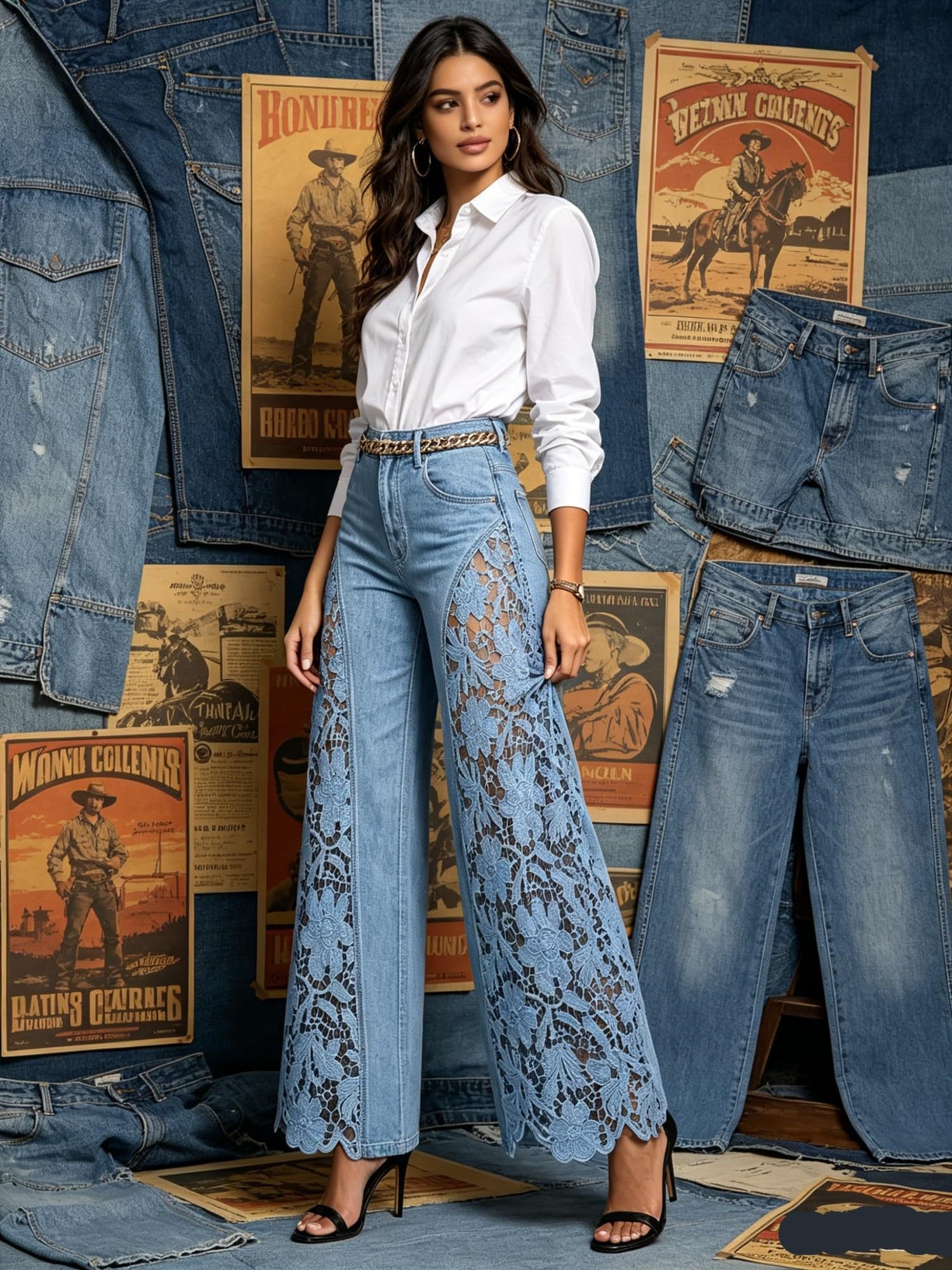 Summer Hollow Out Jeans 💗 Women Elegant High Waist Wide Leg Bottoms