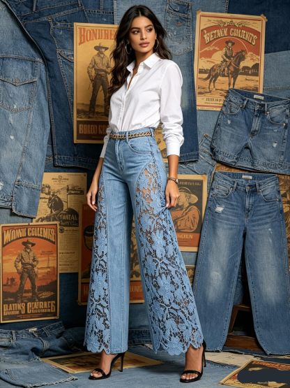 Summer Hollow Out Jeans 💗 Women Elegant High Waist Wide Leg Bottoms