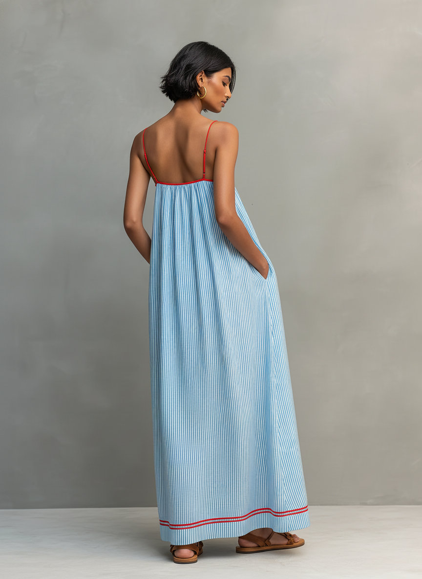 Women's Minimalist Striped Maxi Dress With Red Trim And Spaghetti Straps