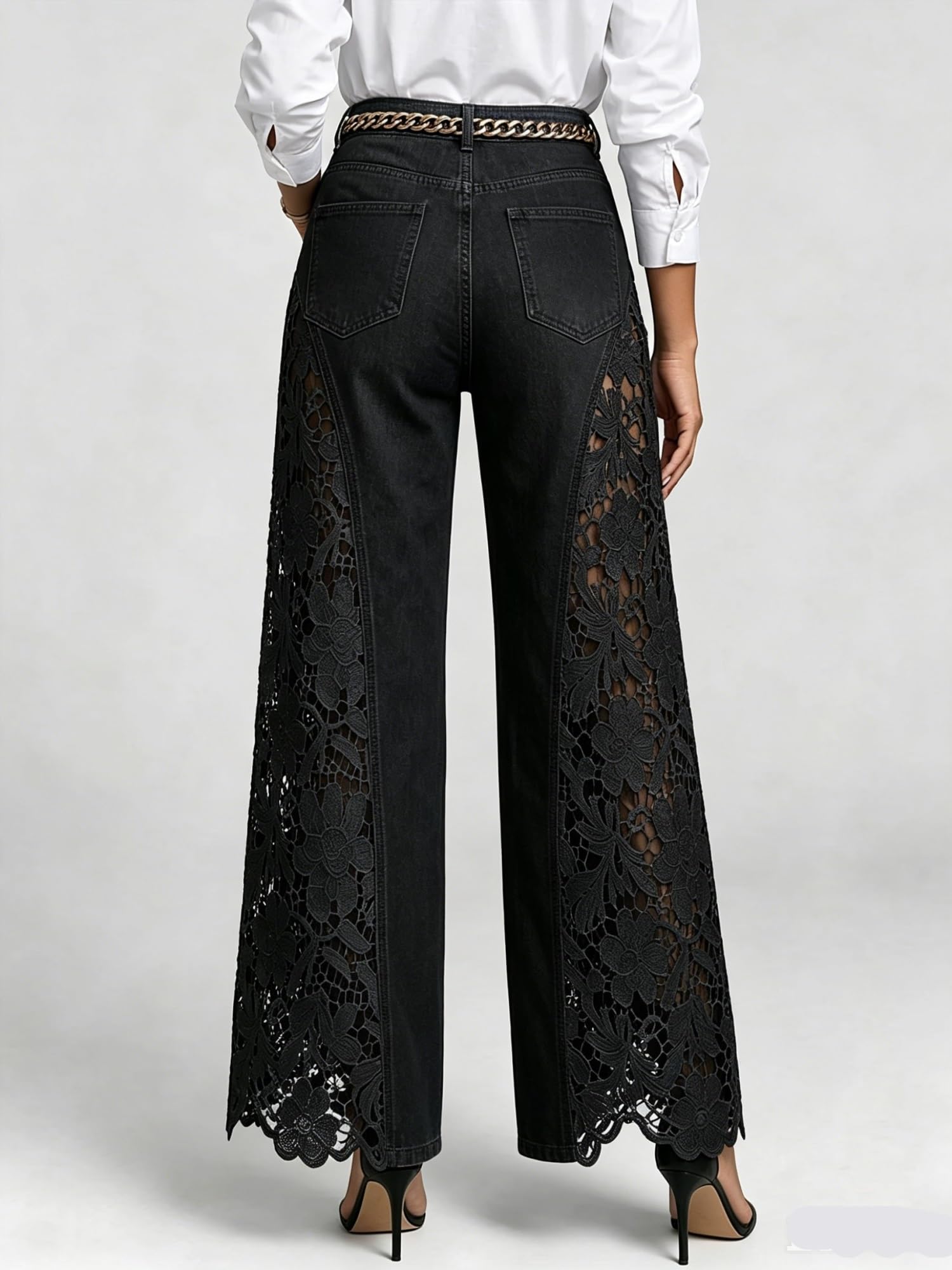 Summer Hollow Out Jeans 💗 Women Elegant High Waist Wide Leg Bottoms