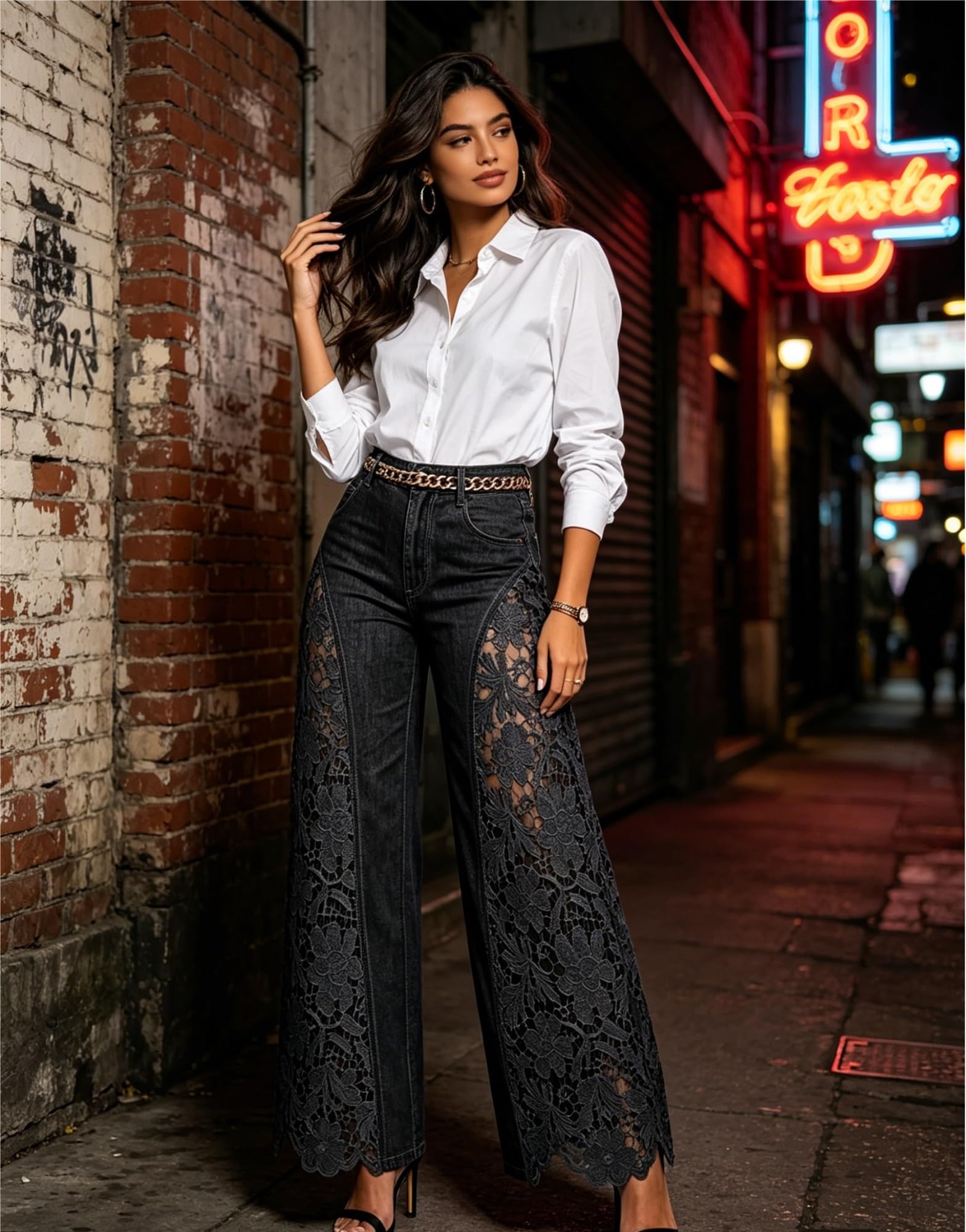 Summer Hollow Out Jeans 💗 Women Elegant High Waist Wide Leg Bottoms