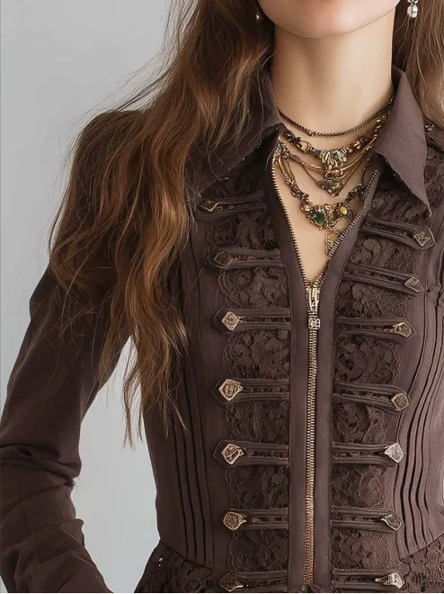Vintage Gothic Lace Patchwork Zip Up Long Sleeve Jacket