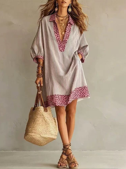 Leopard Contrast Striped Collared Puff Sleeve Mini Dress