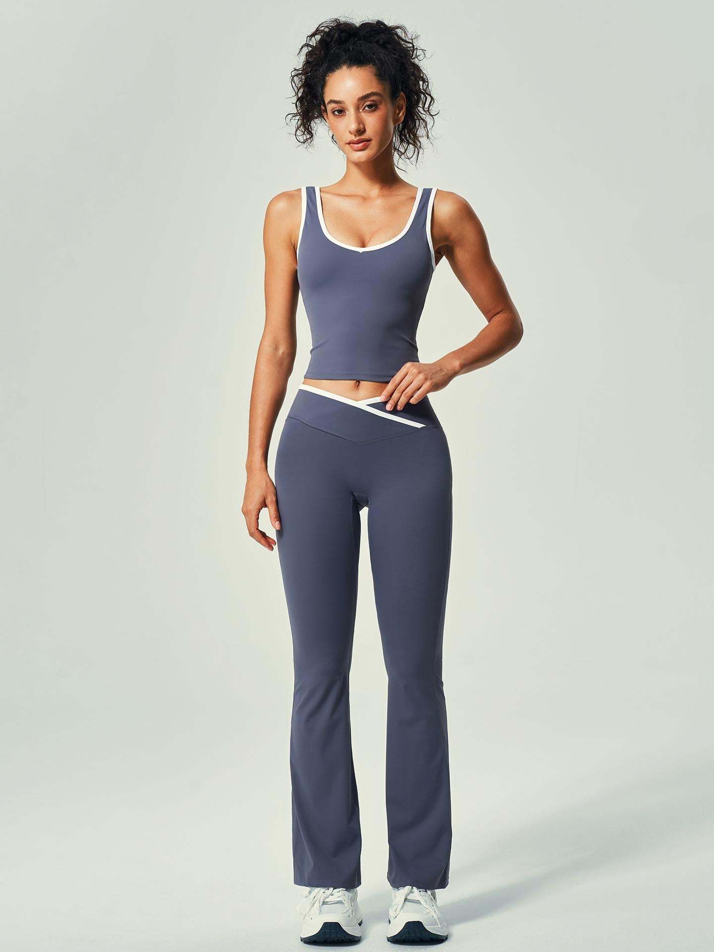 Women's Nude-Feel Crossover High-Waisted Color-Blocked Backless Fitted Yoga Workout Set