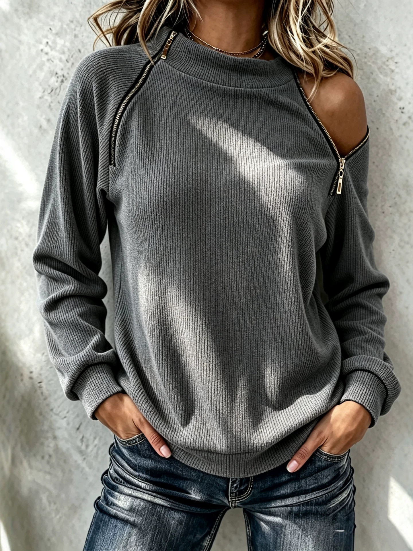 Women's Ribbed Off-Shoulder Zip Detail Sweater