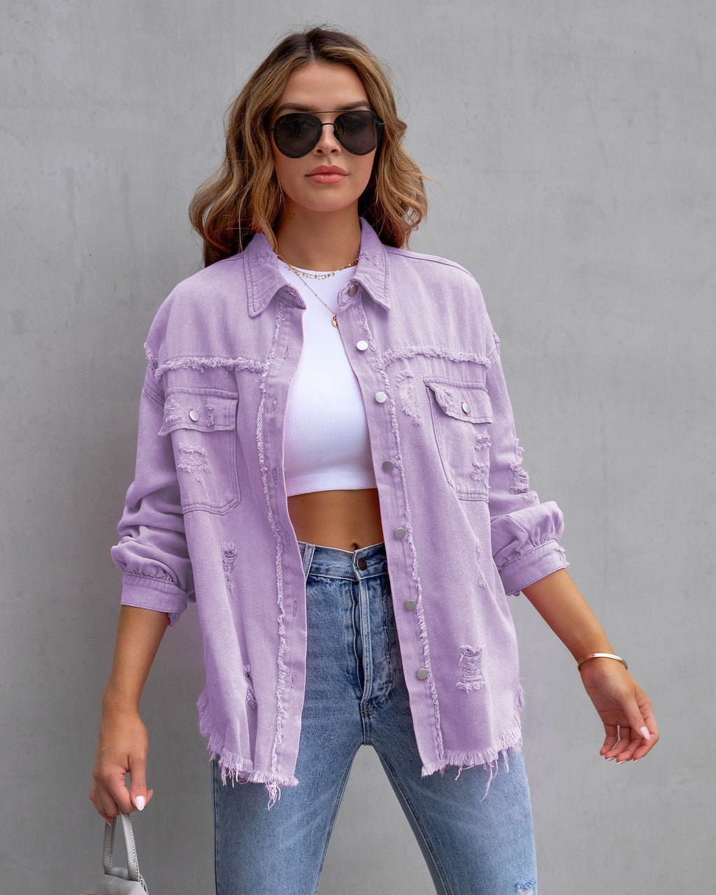 Oversize Relaxed Fit Denim Shacket | Versatile Frayed Button-Down Shirt Jacket | Casual Everyday Outerwear