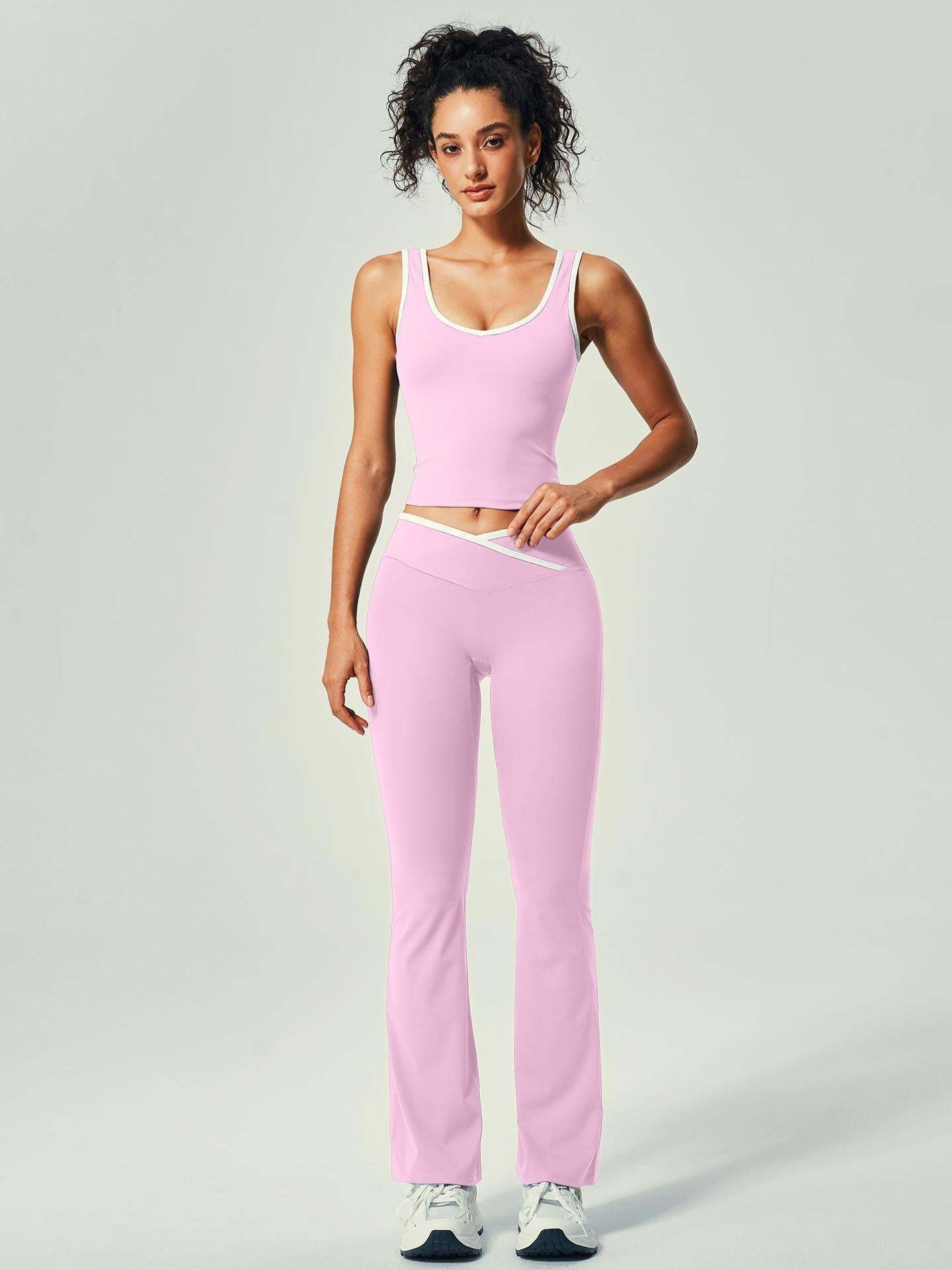 Women's Nude-Feel Crossover High-Waisted Color-Blocked Backless Fitted Yoga Workout Set