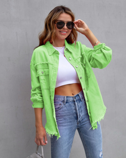 Oversize Relaxed Fit Denim Shacket | Versatile Frayed Button-Down Shirt Jacket | Casual Everyday Outerwear