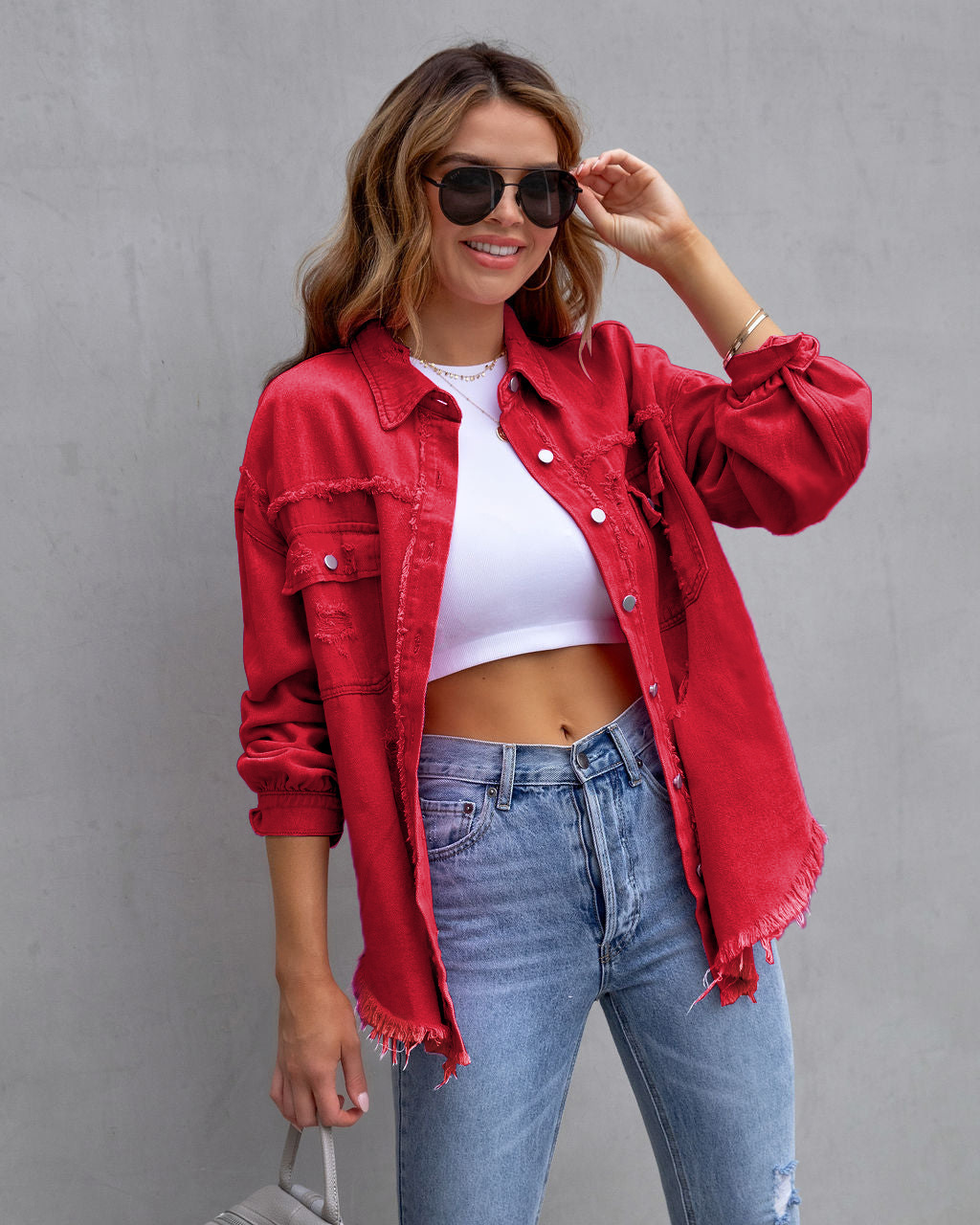 Oversize Relaxed Fit Denim Shacket | Versatile Frayed Button-Down Shirt Jacket | Casual Everyday Outerwear
