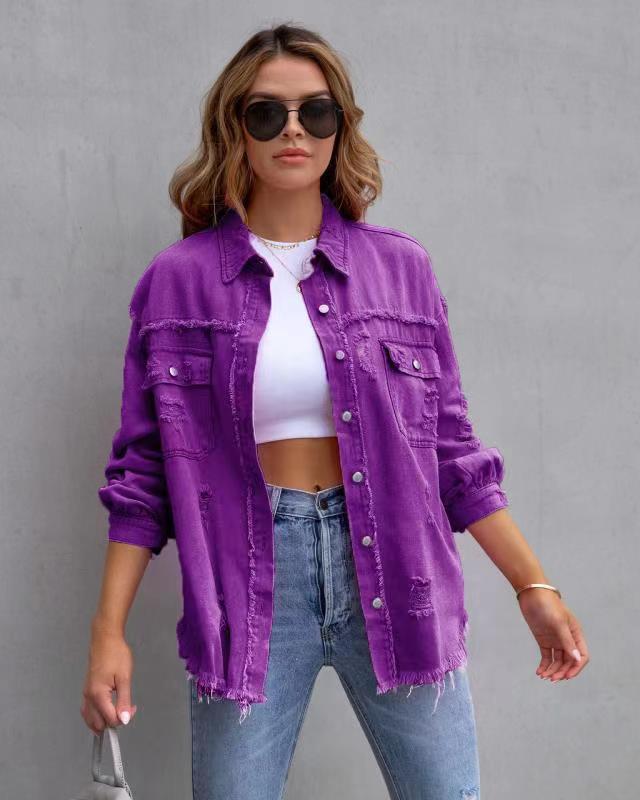 Oversize Relaxed Fit Denim Shacket | Versatile Frayed Button-Down Shirt Jacket | Casual Everyday Outerwear