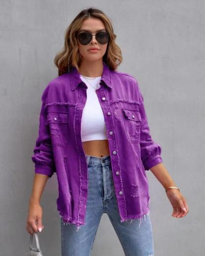 Oversize Relaxed Fit Denim Shacket | Versatile Frayed Button-Down Shirt Jacket | Casual Everyday Outerwear