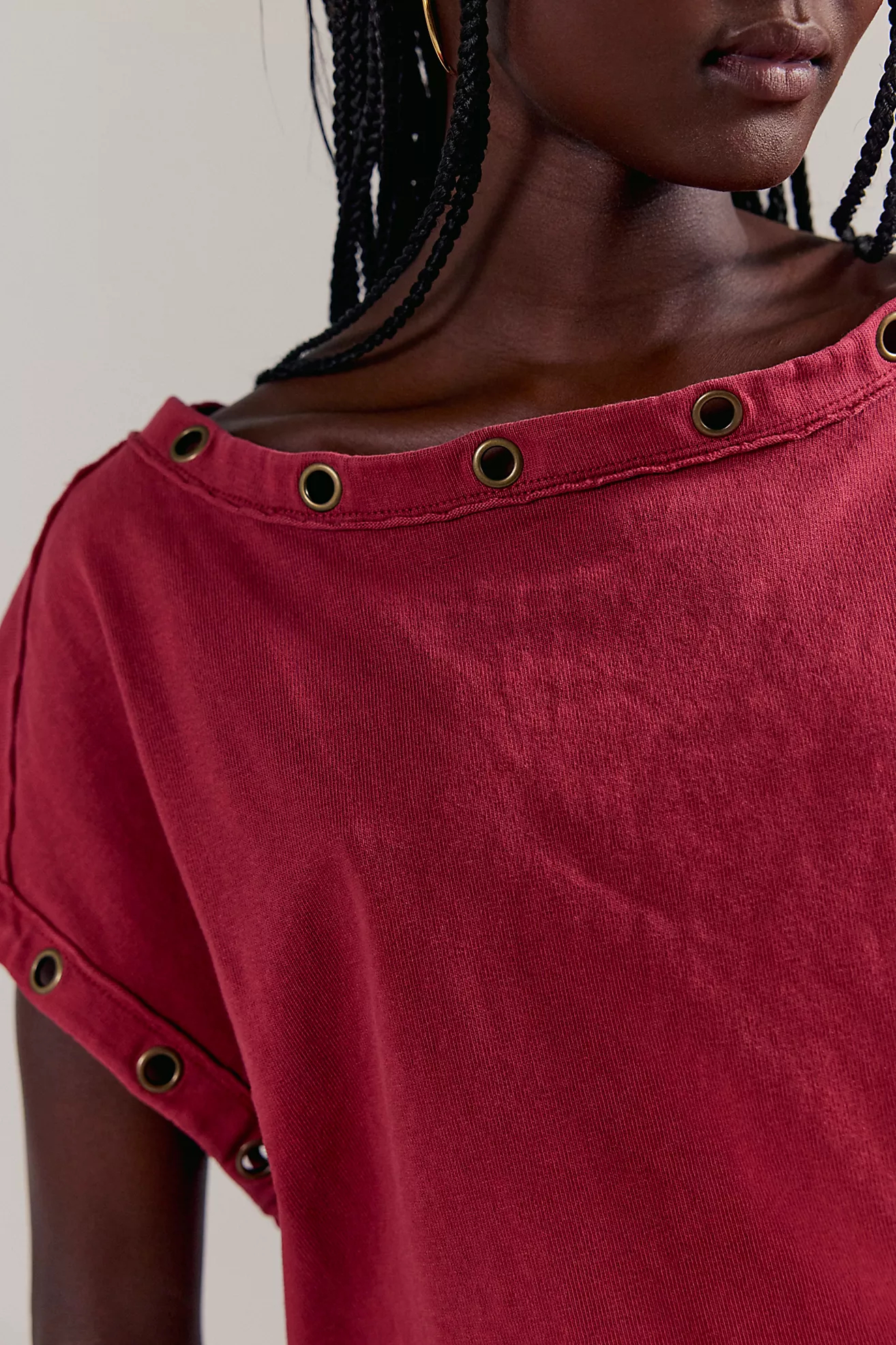 New Arrivals🎀Vintage Metal Grommet Asymmetric Tee | Washed Off-Shoulder Short Sleeve Top