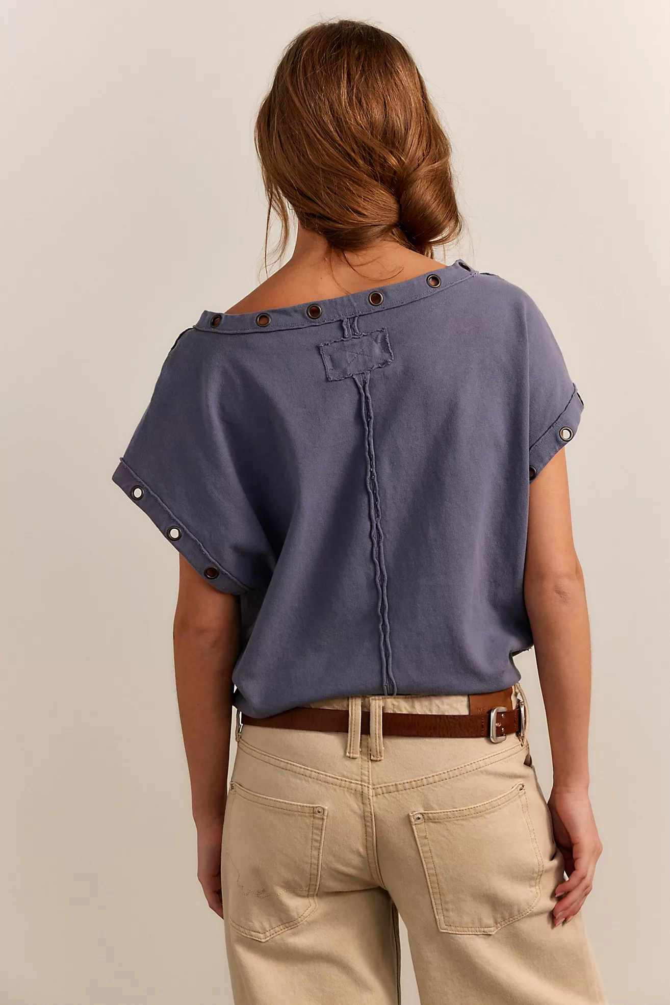New Arrivals🎀Vintage Metal Grommet Asymmetric Tee | Washed Off-Shoulder Short Sleeve Top